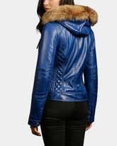 Women Detachable Hoodie Biker Leather Jacket Lily Radiant Blue